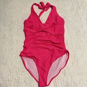 Unbranded One Piece Hot Pink Swimsuit Size Large Halter Tie Ruched Tummy Control